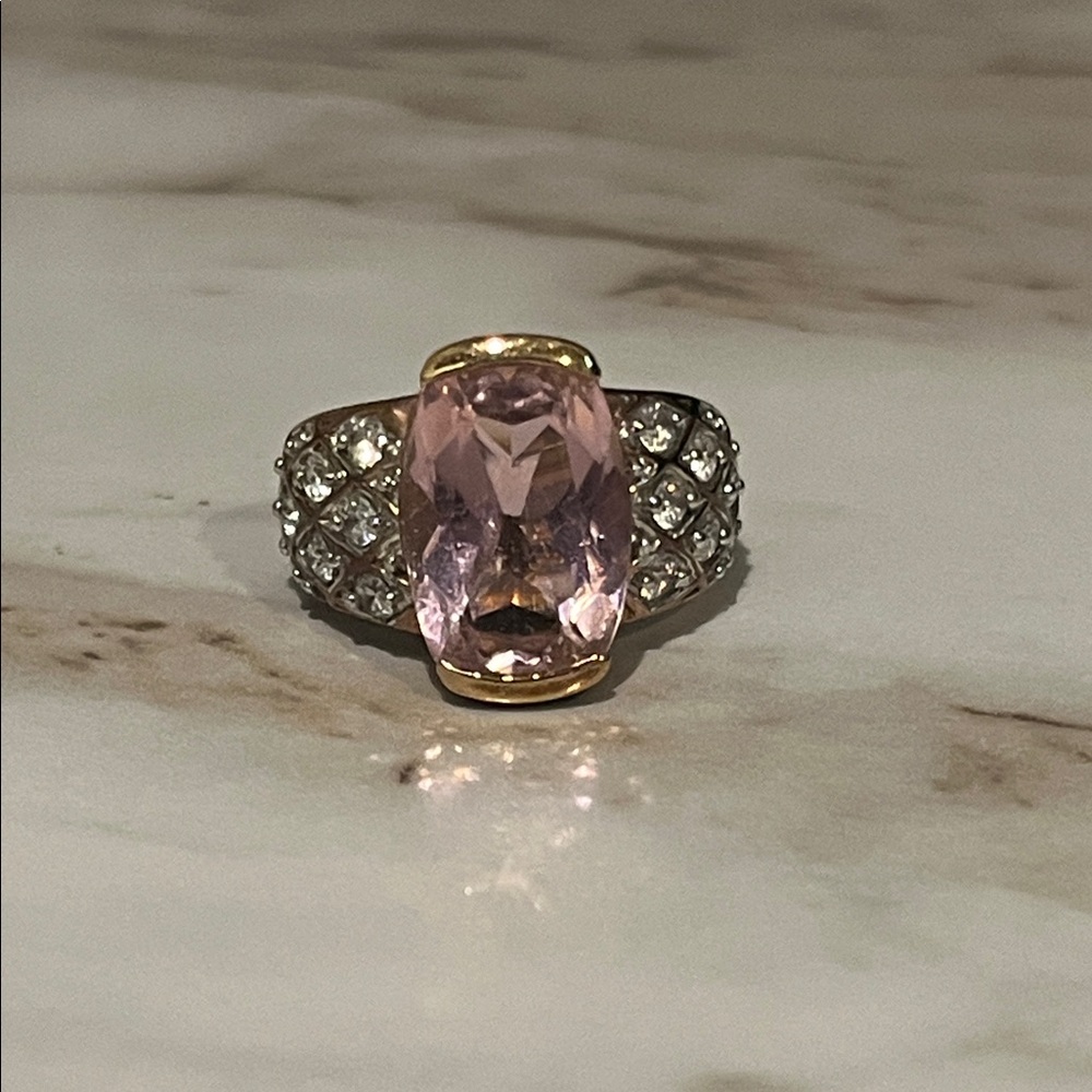 Gold Sterling Pink Crystal Cocktail Ring with Pavé Accents